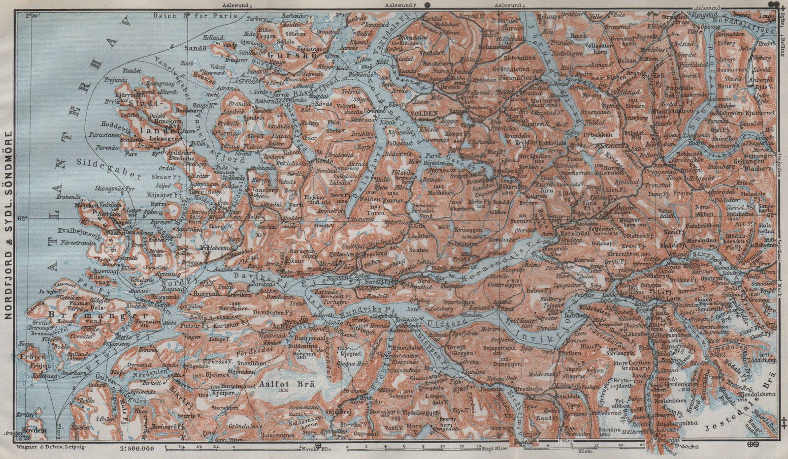 NORDFJORD & SOUTHERN SONDMERE/Sunnmøre topo-map. Gloppen Volda. Norway 1909